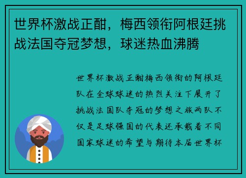 世界杯激战正酣，梅西领衔阿根廷挑战法国夺冠梦想，球迷热血沸腾
